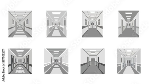 Modern Hospital Corridor Perspective Vector Art Set