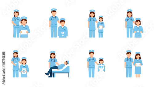 Medical Team Icons: Nurses and Doctors with Patients and Children