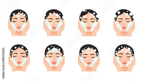 Skincare Routine Steps: Woman Washing Face with Foam