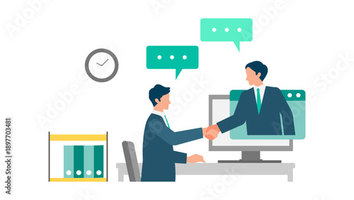 Businessman in office attending a video conference on computer monitor, modern corporate communication and teleconference flat illustration