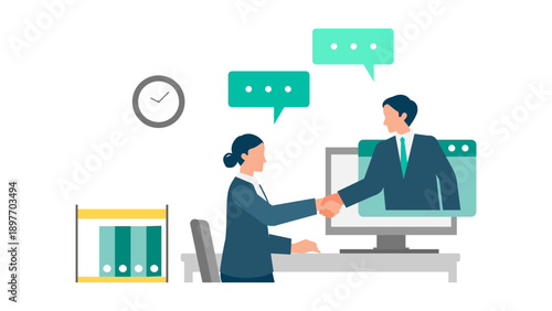 Businesswoman in office attending a video conference on computer monitor, modern workplace communication flat illustration