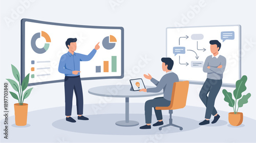 Business people discussing data charts.