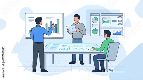 Business people discussing data charts.