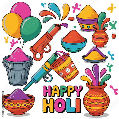 Happy Holi Celebration Artwork Traditional Gulal Pot and Colors