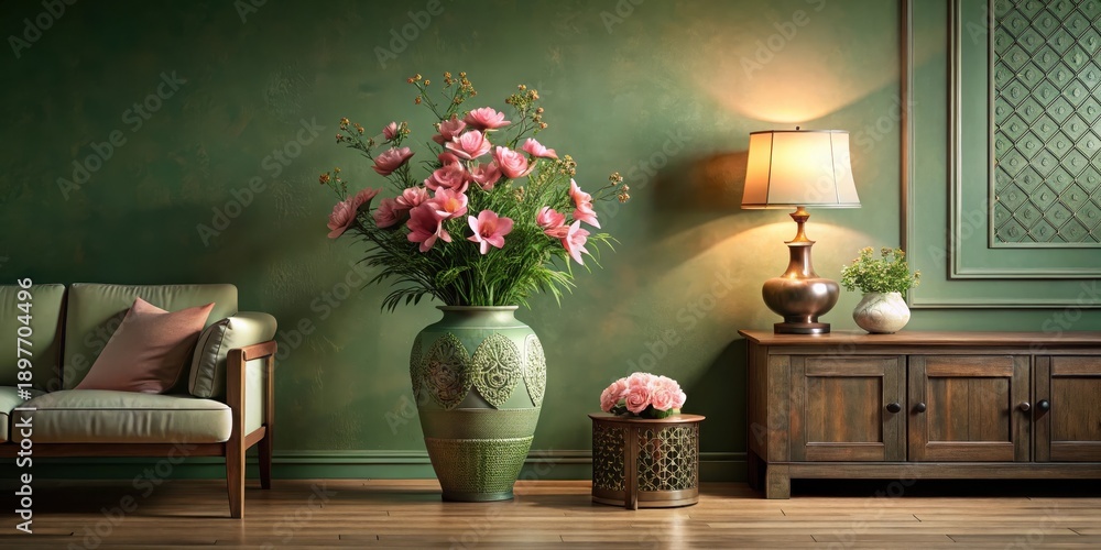 custom made wallpaper toronto digitalSerene Living Room Interior Design Featuring a Green-Toned Sofa, Ornate Vase with Pink Flowers, and Wooden Sideboard