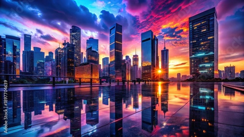 Wallpaper Mural A vibrant cityscape reflecting a breathtaking sunset, showcasing modern architecture and a tranquil waterscape Torontodigital.ca
