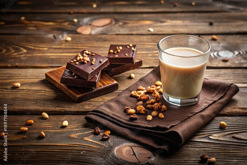 custom made wallpaper toronto digitalDark Chocolate Squares with Nut Topping and Creamy Plant-Based Beverage on Rustic Wooden Surface