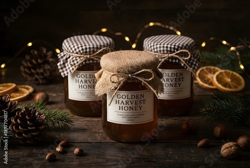 Rustic Honey Jar Packaging Mockup with Seasonal Holiday Styling