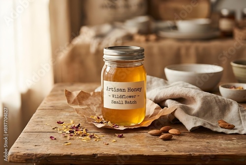 Artisan Honey Jar on Rustic Wooden Table with Natural Light