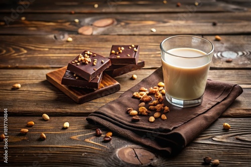 Wallpaper Mural Dark Chocolate Squares with Nut Topping and Creamy Plant-Based Beverage on Rustic Wooden Surface Torontodigital.ca