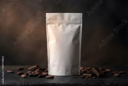 Blank Coffee Packaging Pouch Mockup with Coffee Beans and Dark Premium Mood