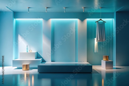 Wallpaper Mural Serene Minimalist Display Featuring Apparel and Accessories in a Light Blue Studio Torontodigital.ca