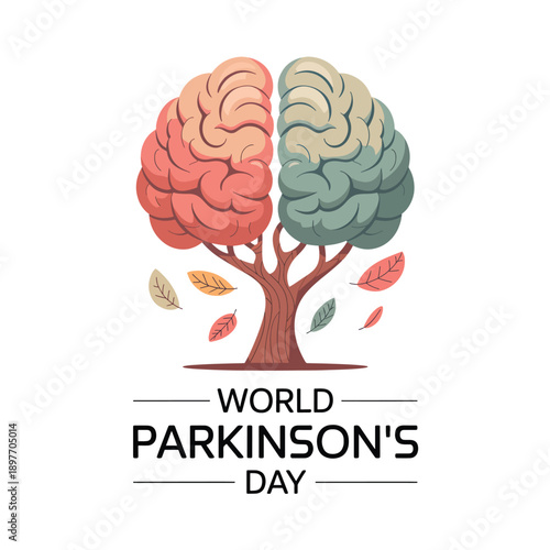 Colorful brain tree with leaves for Parkinson's Day awareness green