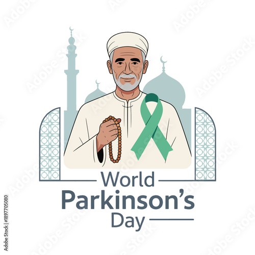 Elderly man with prayer beads and green ribbon in front of mosque for Parkinsons Day
