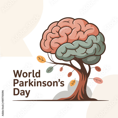 Brain-shaped tree with leaves for Parkinson's Day awareness. Parkinson's Day