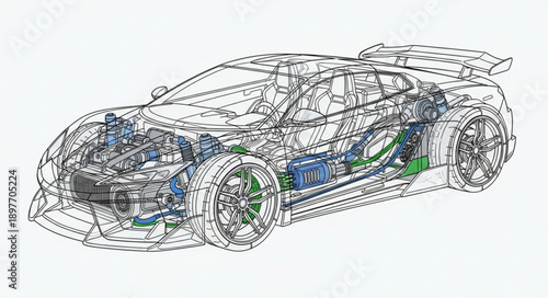 Detailed automotive engineering blueprint of a modern sports car.