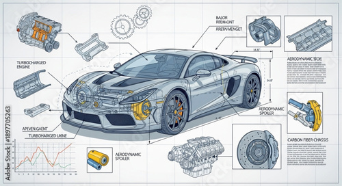 Detailed Automotive Engineering Blueprint of a Sports Car.