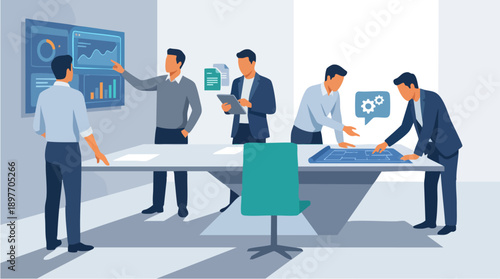 Business people in meeting room discussion.