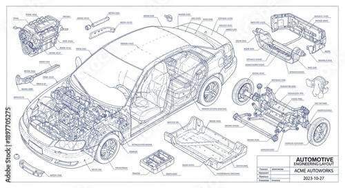 Detailed Automotive Engineering Blueprint of a Sports Car.