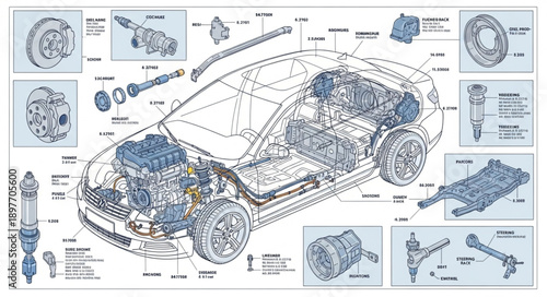 Detailed Automotive Engineering Diagram of a Car Engine and Components.