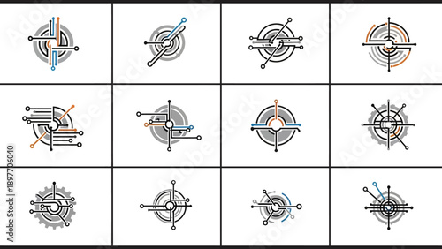 Abstract Technology Icons: Futuristic Digital Circuits, Network Nodes, and Data Flow Symbols
