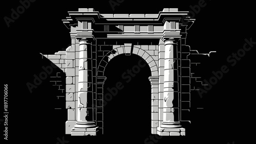 Ancient Stone Archway Ruin, Classical Architecture, Monumental Entrance, Black Background