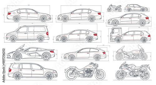 Collection of Vehicle Silhouettes and Line Drawings.