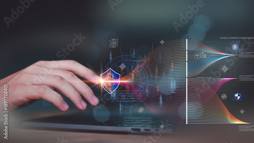 Wallpaper Mural Cybersecurity professionals protect digital systems using AI security shields, encrypted data flows, representing data protection, network defense, secure technology, advanced cyber risk management Torontodigital.ca