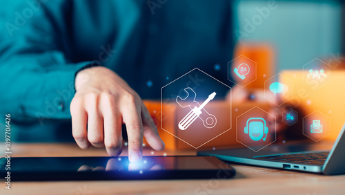 Wallpaper Mural Digital support concept with human hand touching tablet screen and virtual service icons, symbolizing system control, technical maintenance, online support, automation workflow, smart digital services Torontodigital.ca