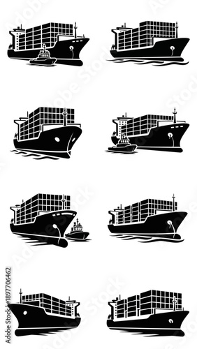 Cargo Ships and Tugboats in Motion: A Collection of Maritime Transport Icons