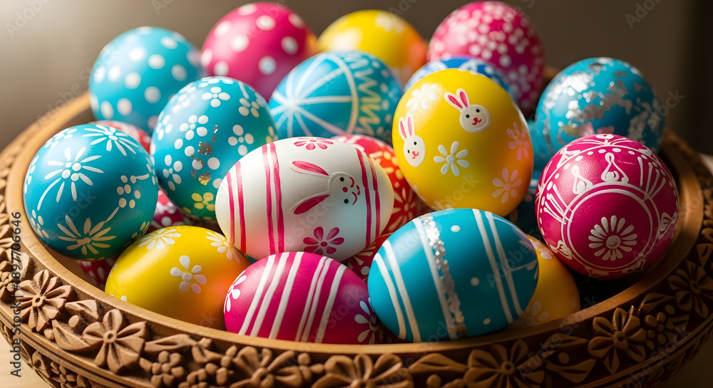 Fototapeta premium A bowl of colorful Easter eggs with intricate designs and patterns.
