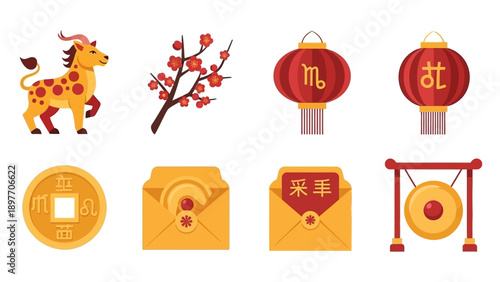 Chinese New Year Icons: Ox, Lanterns, Coin, Envelopes, Gong, Cherry Blossoms