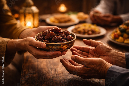 Warm Dinner Exchange of Dates at Family Gathering, Sharing Hospitality and Friendship
