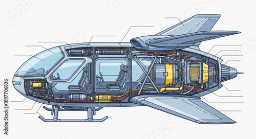 Cutaway illustration of a futuristic airship with detailed internal components.