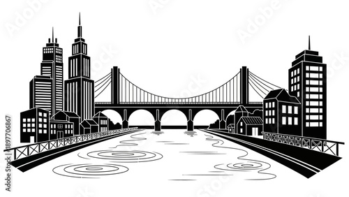 Cityscape Silhouette with Bridge and River, Black and White Urban Skyline