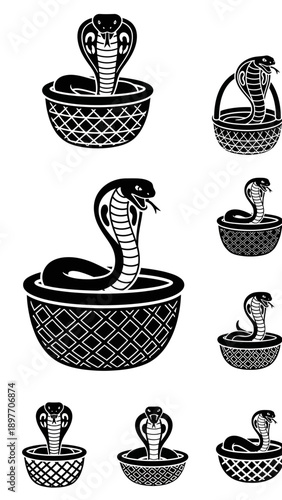 Cobra Snake Charmer Basket Silhouette Collection - Vector Art