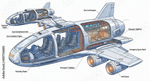Cutaway illustration of a futuristic space shuttle with detailed interior components.