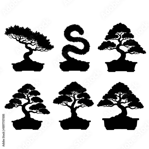Collection of Bonsai Tree Silhouettes in Pots, Including a Unique Snake-Shaped Topiary