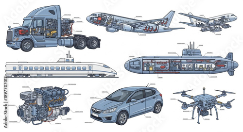 Cutaway Views of Various Transportation Vehicles and Machines.