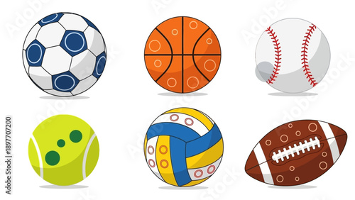 Collection of Six Different Sports Balls Isolated on White Background