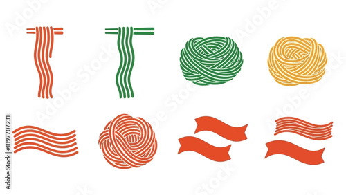 Collection of stylized pasta and ribbon icons in vibrant colors