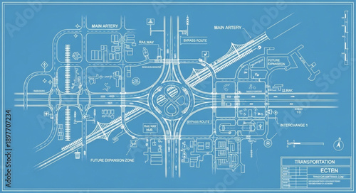 Detailed architectural blueprint of a complex urban interchange.