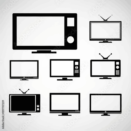 Collection of vintage and modern television icons, flat design, isolated on white background