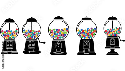 Collection of Vintage Gumball Machines Filled with Colorful Candies