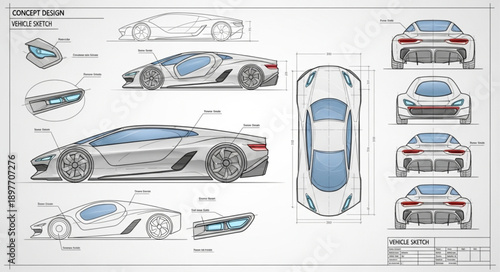 Detailed Automotive Blueprint Design of a Sports Car.