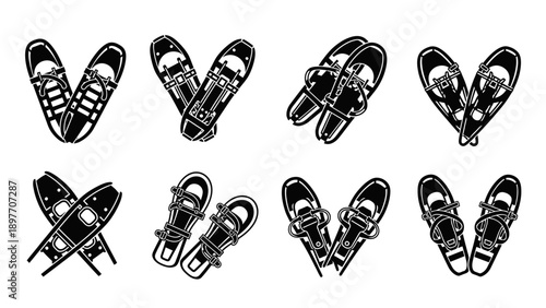 Collection of Vintage Snowshoes Icons, Retro Winter Footwear Vector Set