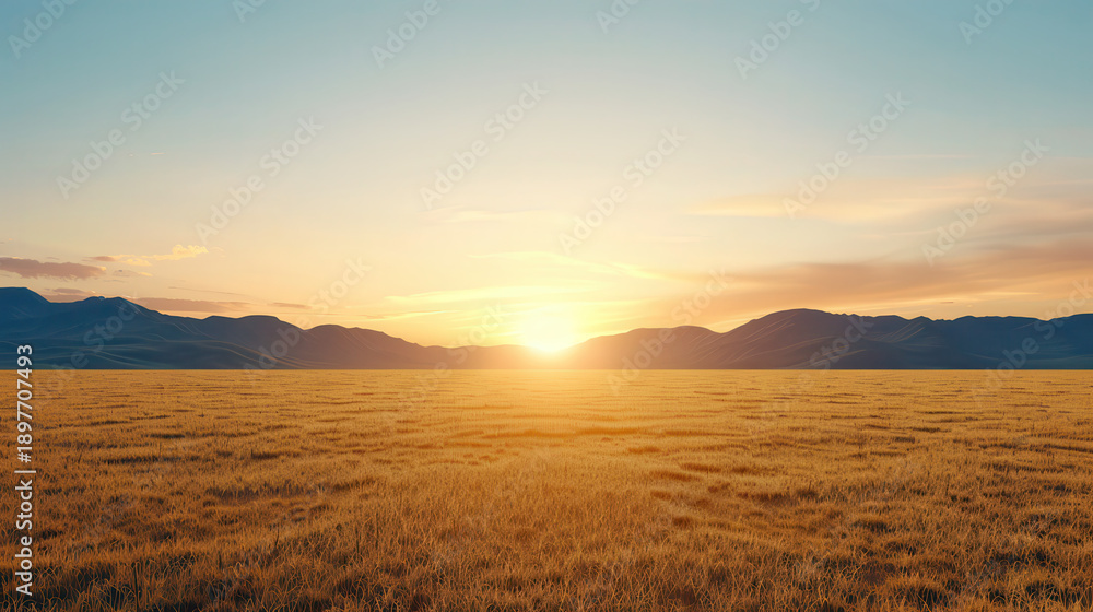 Fototapeta premium A large, empty field with a beautiful sunset in the background