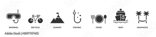 Ultimate Outdoor Escape  Icons set vector illustration glyph with Snorkel, Bicycle, Summit, Fishing, Food, Ship, Hammock