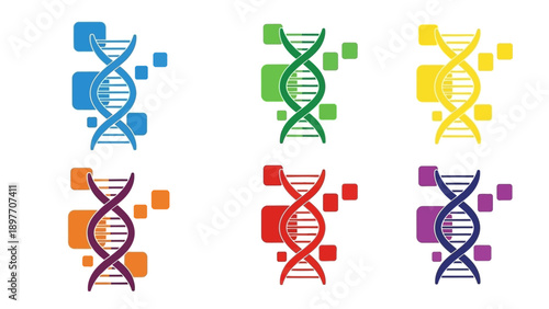 Colorful DNA Helix Icons with Abstract Squares