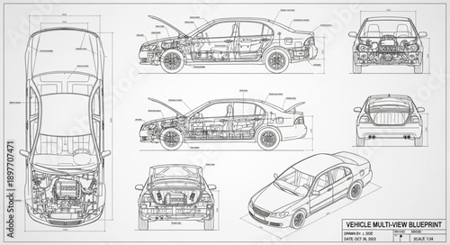 Detailed Automotive Blueprint Schematics of a Car.